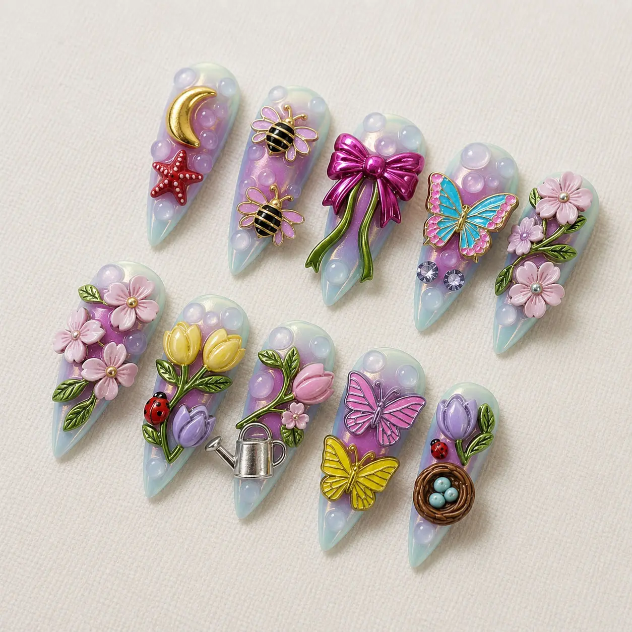 Handmade Pastel Fairy Garden Press On Nails | 3D Butterfly, Tulip, Bee & Floral Art | Cute Spring Fantasy Stiletto Nail Set