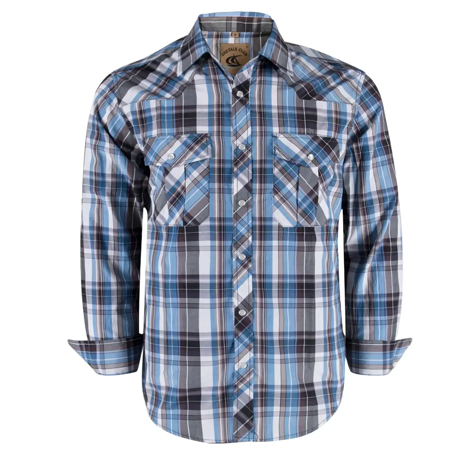 COEVALS CLUB Menswear Men's Checked Western Shirt, Long Sleeve Collared Neck Pearl Snap Top, Classic Fit Poly-Cotton Blend, for Work & Ranch Outdoor Casual Aesthetic Longsleeves, Long Shirt