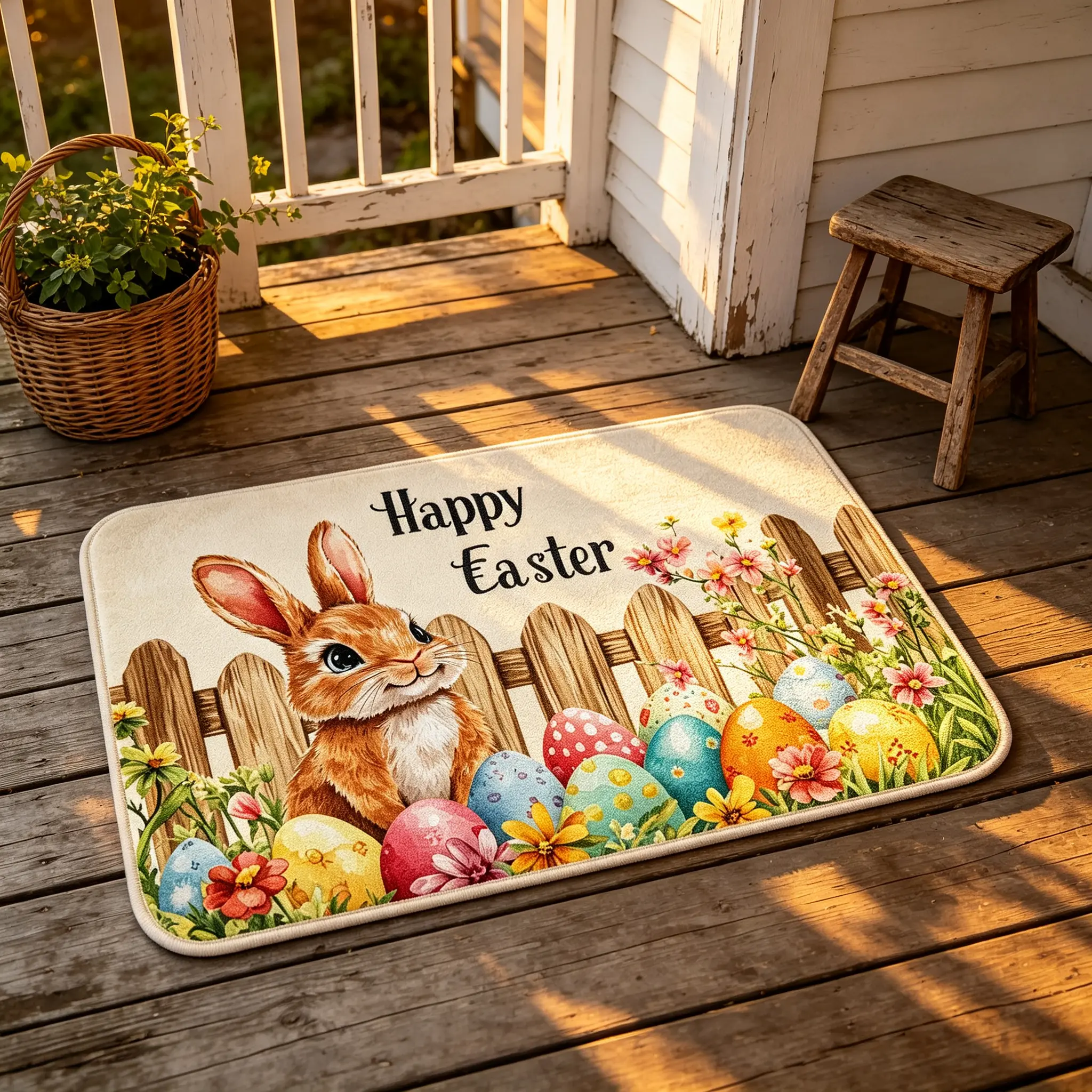 Easter Theme Rectangle Doormat with Bright Blooming Flowers, Non-Slip Rubber Back, Washable Entryway Decor Front Door Mat for Home Holiday Spring Welcome