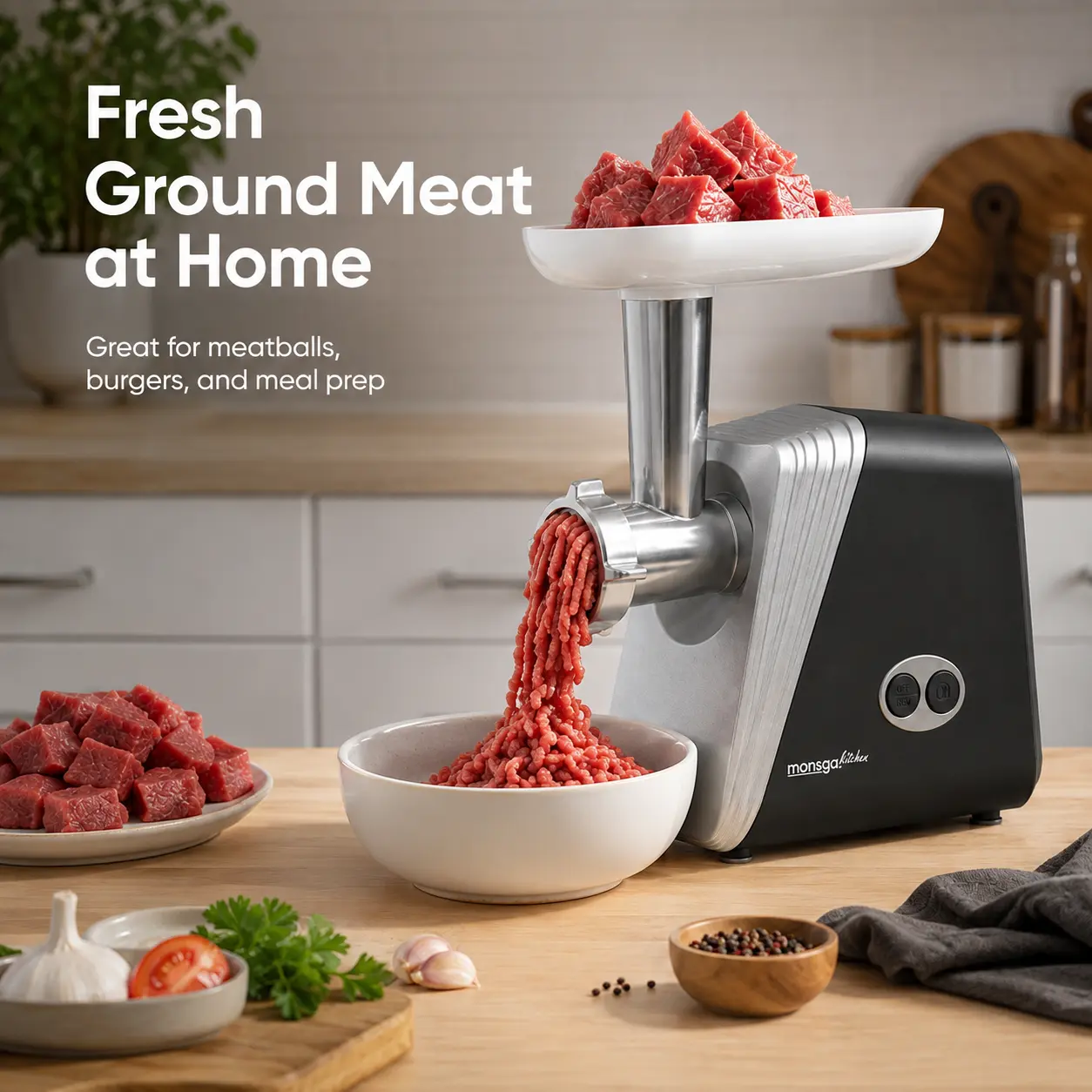 Electric Meat Grinder 1200W Max, 280 RPM Meat Mincer with Reverse Function, Metal Auger & Sausage Attachment for Ground Meat, Burgers, Meatballs