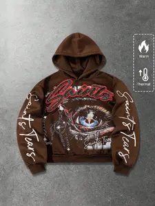 Unisex Coffee Color Hoodie with Eye Print Design, Casual Loose-Fitting Sweatshirt for Fall & Winter, Trendy Streetwear for Everyday Use, Graphic Hoodies