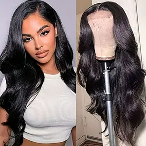 13x4x1 Body Wave Lace Front Wigs for Black Women Pre Pulled Natural Hairline Synthetic Hair 26 Inch Middle Part Long Wave Wigs Natural Black for Daily Use