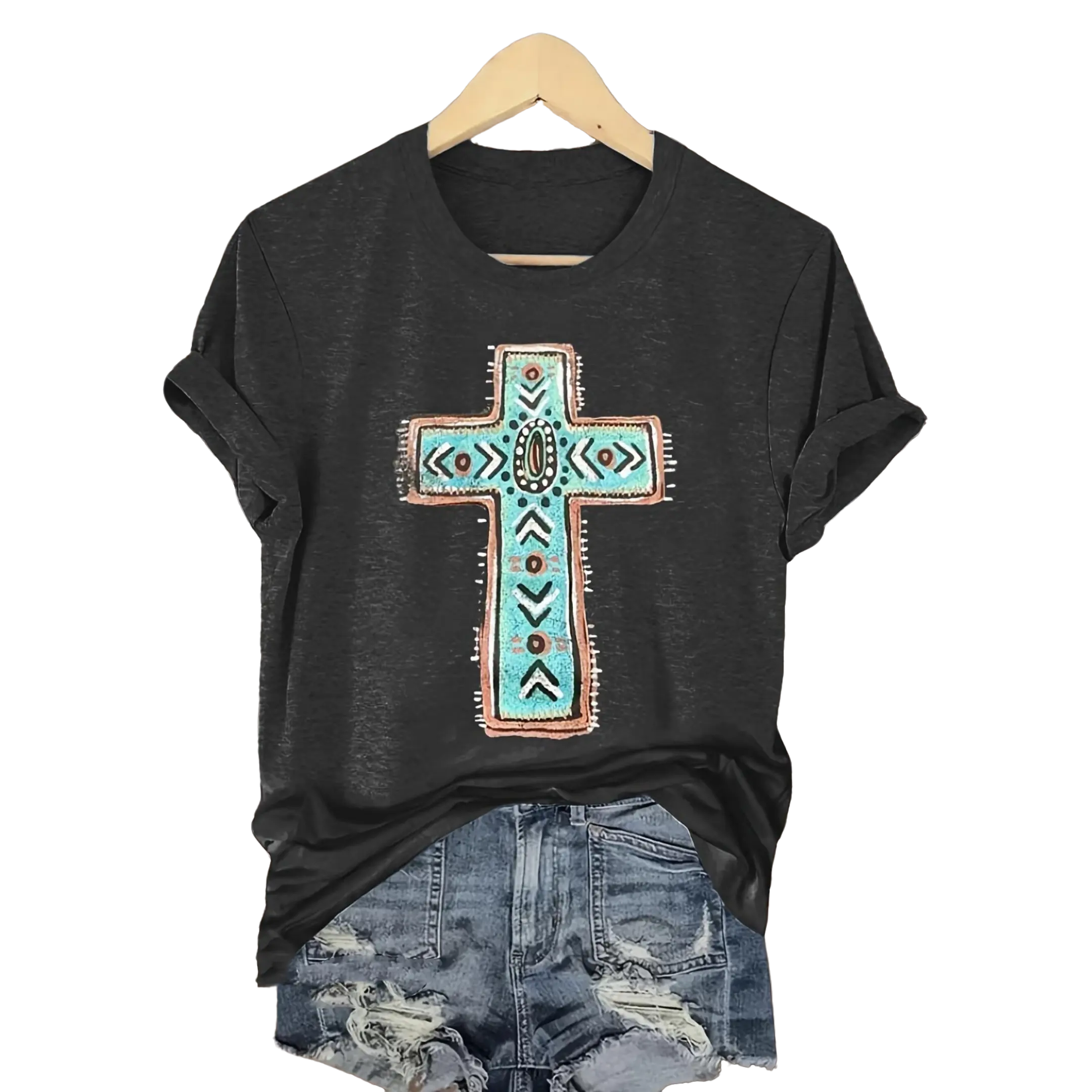 Women's Casual Black T-Shirt with Southwestern Cross Graphic, Fitted Short Sleeve Style in a Soft Cotton Blend for All Seasons, Shortsleeve, Southwest Print