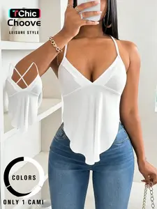 Backless Cross Strap Cami Top, Everyday Lightweight Soft Fabric, High Stretch, Sexy Match, Casual Fitted Plain Colorblock Design, Womenswear