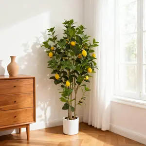5 Feet Artificial Lemon Tree, Floor Faux Lemon Plastic Plant in White Pot, Fake Lemon Fruit Tree for Indoor Home Decor Office Living Room
