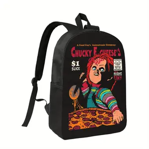 1-Pack Anime Backpack - Chucky-Eating-Pizza Comic Design, Lightweight School Bag with Adjustable Straps & Zipper Closure for Men, Anime Fans - Casual Everyday Carry Backpack, Cartoon Backpack, Washed Texture Finish
