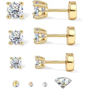 Moissanite Flat Back Earrings Stud Set 3 Pairs 14K Gold Plated Sterling Silver Post Hypoallergenic Cartilage Helix Tragus Conch Comfy Sleep Earrings D Color VVS1
