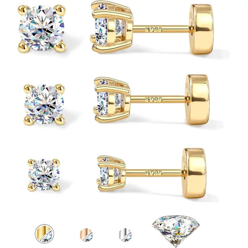 GEMQUEEN D Color VVS1 Grade Moissanite Stud Earrings Stack - 3 Pairs, 14K Gold-Plated Sterling Silver Internally Threaded Post, Hypoallergenic Flat Pierced Earring for Helix/Tragus/Conch Cartilage, Workout-Ready with Headphone Compatibility