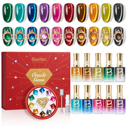 Beetles Gemstone Cat Eye Gel Nail Polish Set, 10 Colors 15ml Magnetic Gel with Liner Gel & Magnet, Jewel-Inspired Velvet Glass Bead Cat Eye Nail Art Kit, Gift Set for DIY Manicure