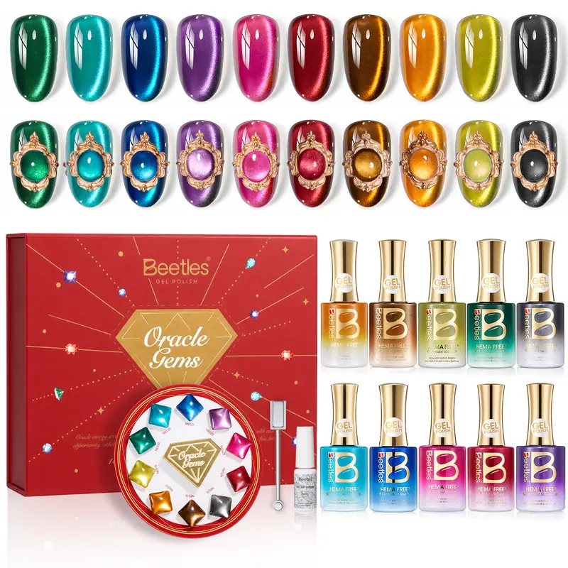 Beetles Gemstone Cat Eye Gel Nail Polish Set, 10 Colors 15ml Magnetic Gel with Liner Gel & Magnet, Jewel-Inspired Velvet Glass Bead Cat Eye Nail Art Kit, Gift Set for DIY Manicure
