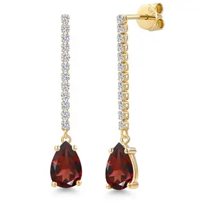 Gem Stone King 14K Yellow Gold Gemstone Birthstone and Lab Grown Diamond Long Liner Dangle Earrings for Women | Pear Shape 9X6MM and Round 1.5MM | Yellow Gold Chain Drop Earrings