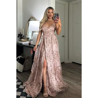 slim fit dress slacks Long Pleated Plus-Size Formal Dress with Long Sleeves– PromGirl main image 0