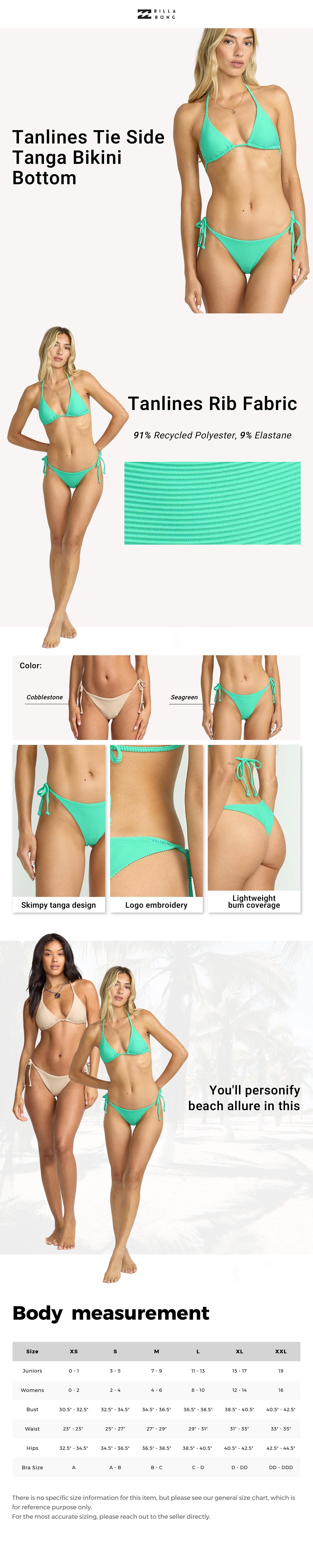 Billabong Women's Tanlines Tie Side Tanga Bikini Bottom, Skimpy Bum Coverage, Tanlines Rib fabric, Logo Embroidery