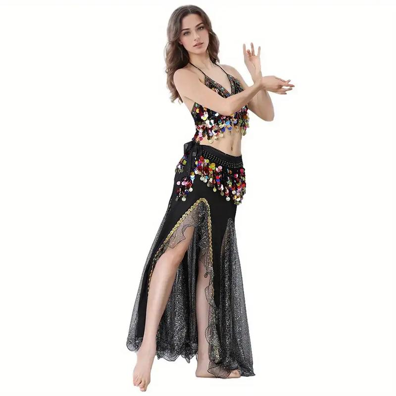 Women's Belly Dance Costume Set with Sequin Top & Mesh Skirt - Hand Washable Stage Performance Outfit with Hip Scarf & Belly Dance Pants-like Fit |   Shimmering Dance Dress for Belly Dancing, Raqs Sharqi, Middle Eastern Performances |   Comfortable & Dura