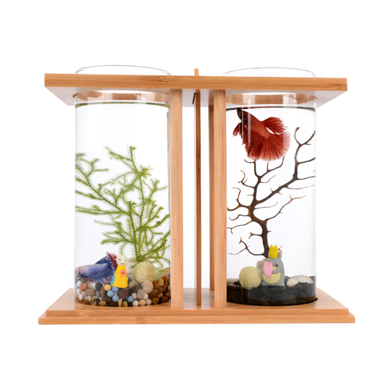 Pet Supplies 2-Pack Contemporary Fully Transparent Cylinder Mini Aquarium Fishbowl with LED Light - Bamboo Wood Fish Tank Stand, 8.5×8.5×20cm Each, Ideal for Goldfish/Betta, Living Room Bedroom Decoration (Includes Aquarium Gravel), Water Tank, Office