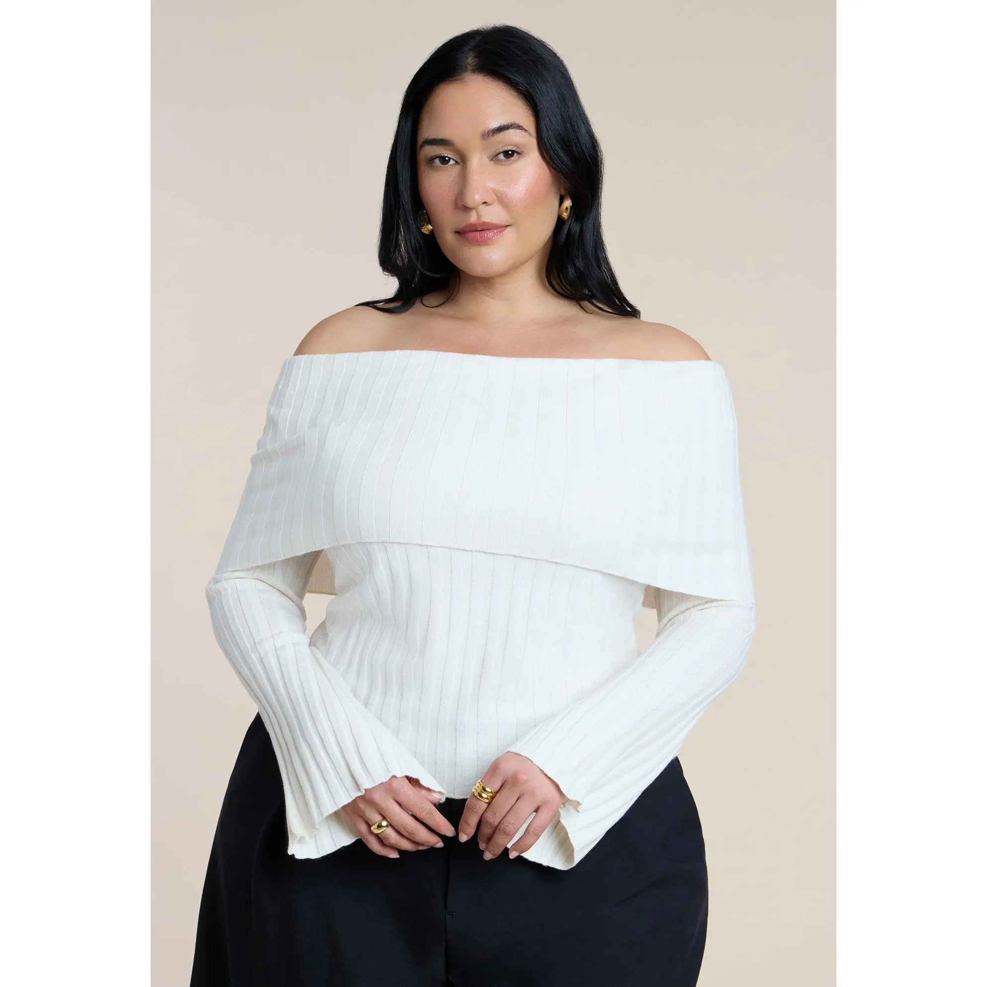 ELOQUII Women's Plus Size Off The Shoulder Ribbed Sweater