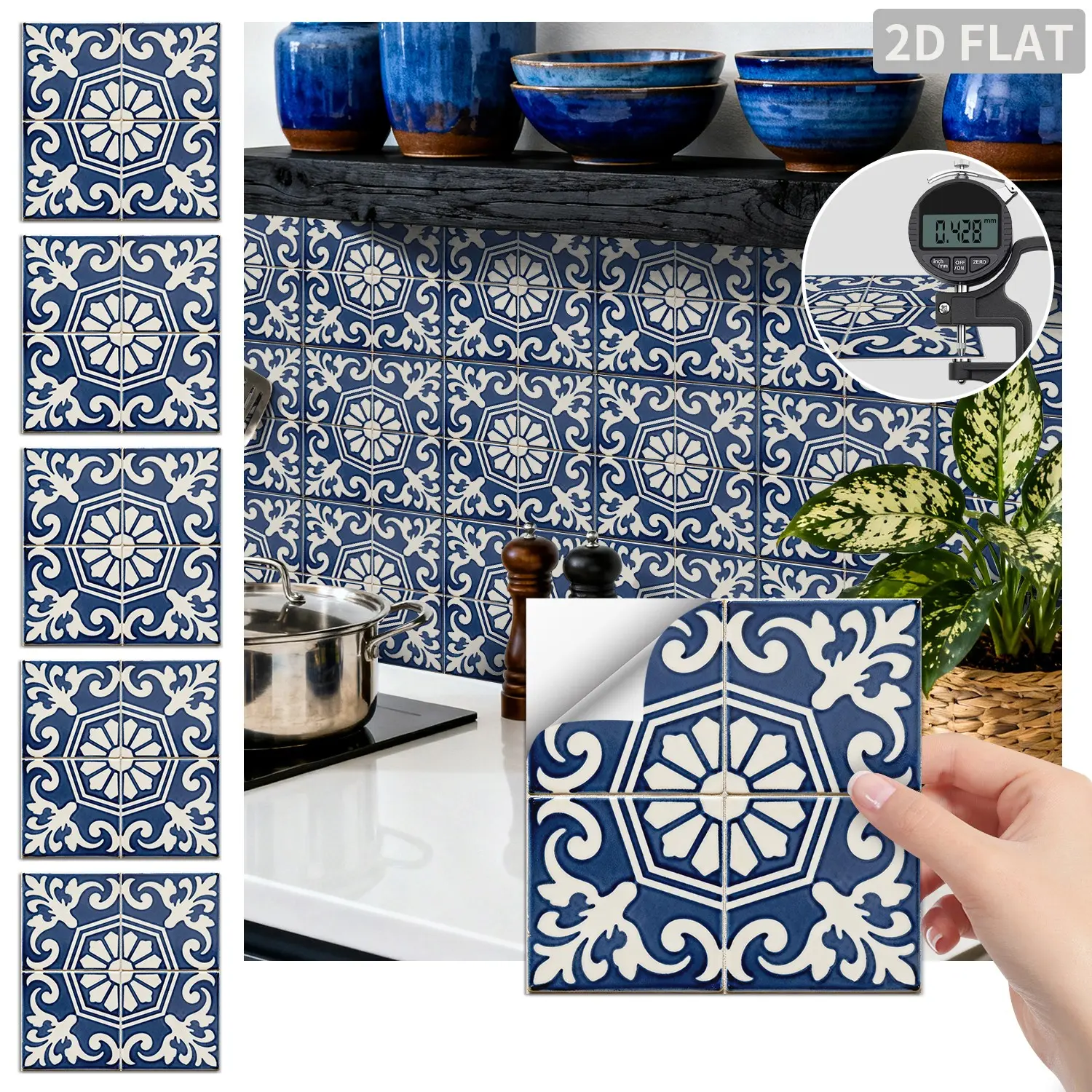 24PCS FHZ Navy Blue Vintage Octagon Flower Scroll Tile Stickers PET Matte Peel and Stick Backsplash Waterproof Oil Proof Wall Sticker for Kitchen Bathroom