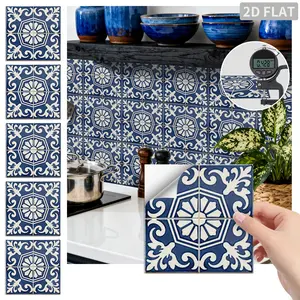 24PCS FHZ Navy Blue Vintage Octagon Flower Scroll Tile Stickers PET Matte Peel and Stick Backsplash Waterproof Oil Proof Wall Sticker for Kitchen Bathroom