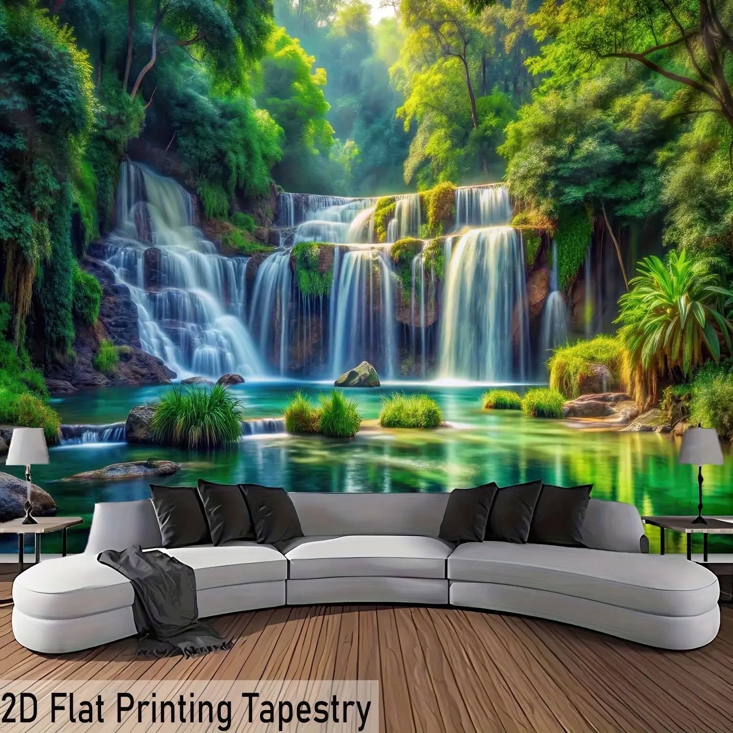 1pc Ultra Large Size Fresh Waterfall Forest Sunshine Aesthetics Print Tapestry Birthday Gift Room Decoration Party Decoration Suitable Living Room Bedroom Office Hostel with Free Hanging Clips