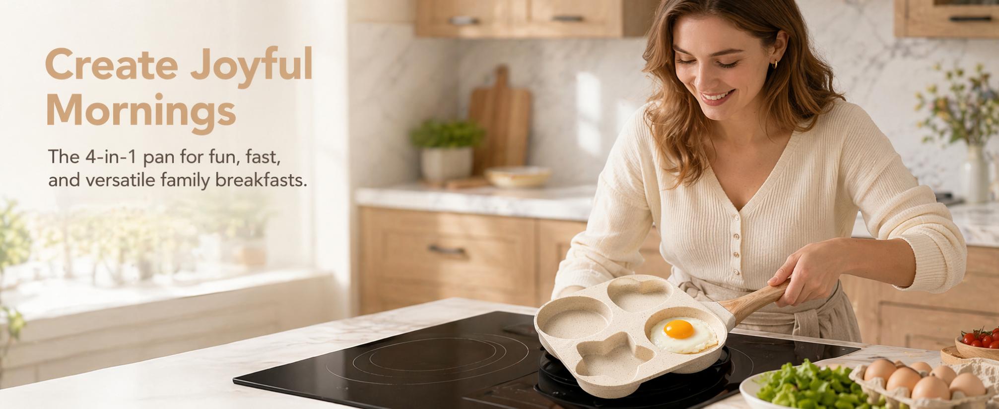 4 Holes Granite Non-stick Egg Frying Pan,   Quick   Breakfast   cooking  Skillet with Anti-scald Wooden Handle, Easy Clean Medical Stone Omelet Cookware, Durable roasting Small Kitchen Gadget for Eggs Pancakes Bacon