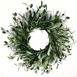 1 Pc Artificial Olive Leaf Wreath for Front Door, Green Olive Wreath with Olive Leaves and Olive Bean, Greenery Wreath for Home Wall Window Christmas Festival Wedding Decor, Wall Hanging Ornament