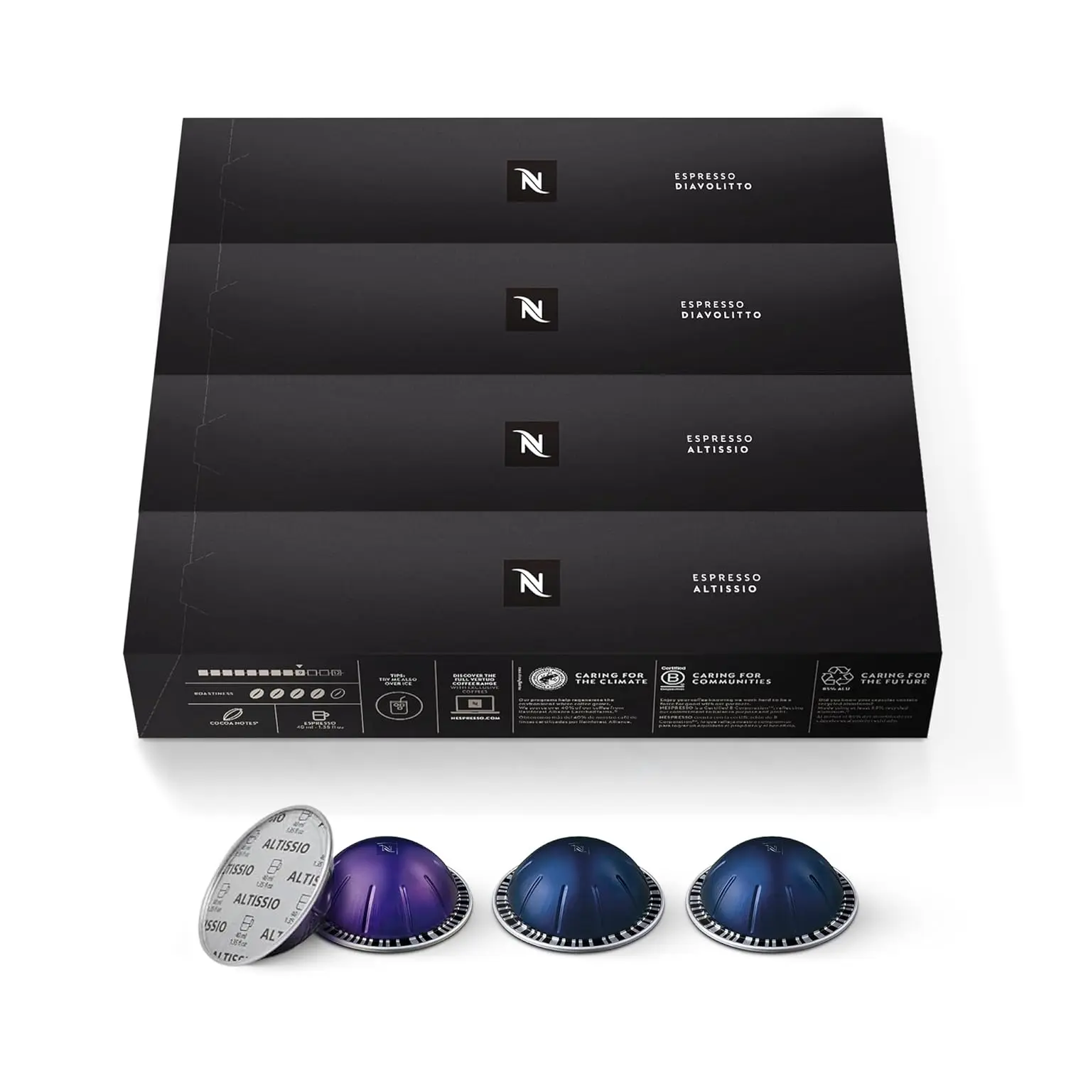 NESPRESSO Vertuo Espresso Capsules - Bold Variety Pack, Medium & Dark Roast South American Arabica Beans, Altissio Intensity, Low-Calorie Flavor Beverage, 40-Count 1.35oz Fully Recyclable Aluminum Coffee Pods with Recyclable Packaging