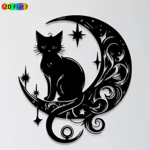 1pc Black Cat & Crescent Moon Metal Wall Art, Wall Decoration, Mystical Black Cat Statue Mural, Ideal Gift for Halloween, New Year, Home Decor Enthusiasts, Wall Sculptures, Perfect for Living Room Wall & Garden Fence, Occult-Inspired Decor