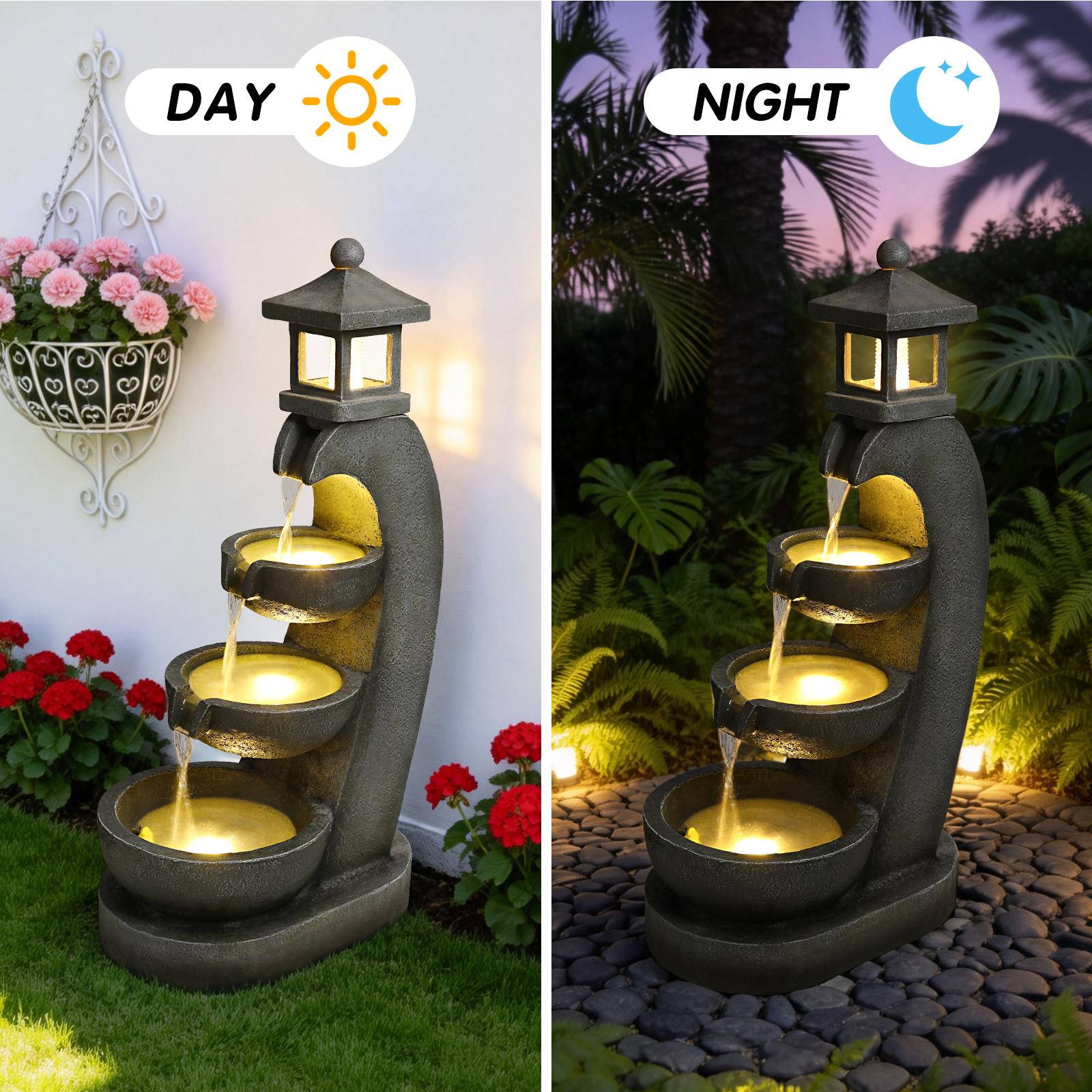 Eyisean 35.4" H Resin Outdoor Water Fountain, All-Weather Freestanding Pagoda Water Feature with LED, 3 Tier Bowl Cascading Lantern Style Garden Fountain for Porch, Home Decor Ideal Gift
