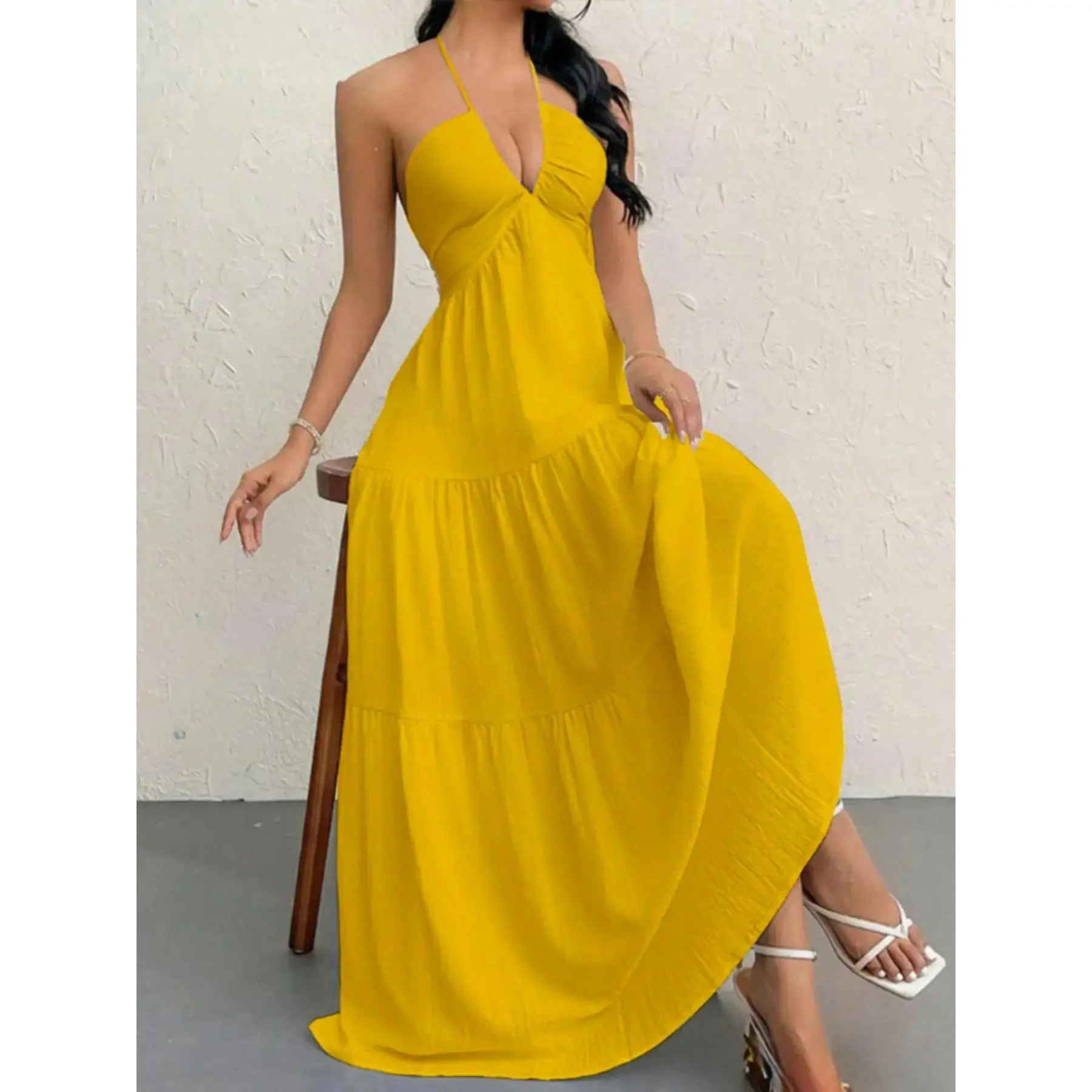 ruffle sleeve maxi dress Veda Long Floral Tiered Pink Trumpet/Mermaid V Neck Spaghetti and resisting deformation Color:Petunia sizing-china