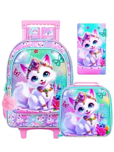 Girls' Rolling Backpack Set, Fox Pattern School Bag with Wheels, School Backpacks, Rolling Bookbag and Lunch Box for Preschool (white)