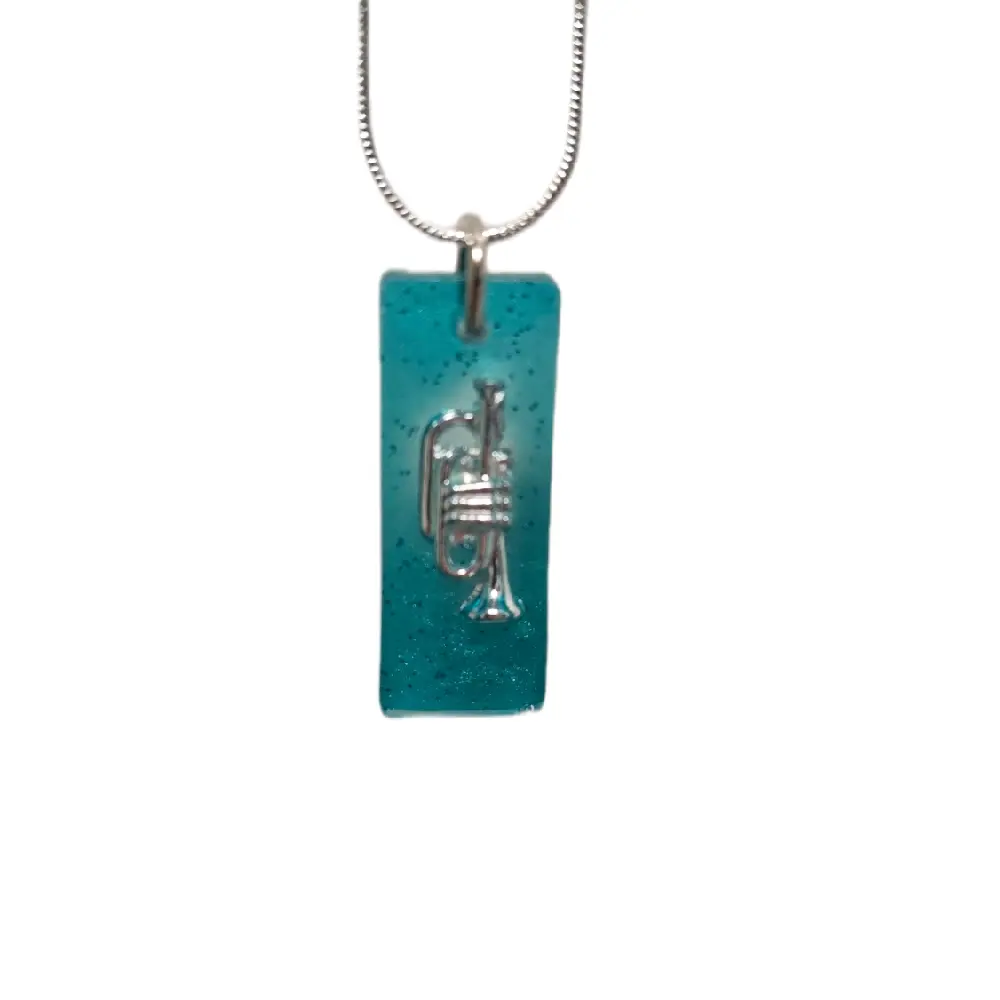 Silver Trumpet Charm Necklace Handcrafted in Resin Aqua Blue BandLife ResinNecklace MusicLoversGift HandmadeJewelry