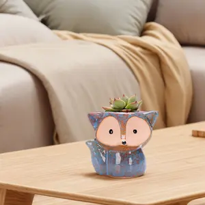 Fox Ceramic Succulent Pot Cartoon Bonsai Pot Decorative Small Plant Holder Multi-Function Flower Planter Pot with Drain Hole for Micro Landscape