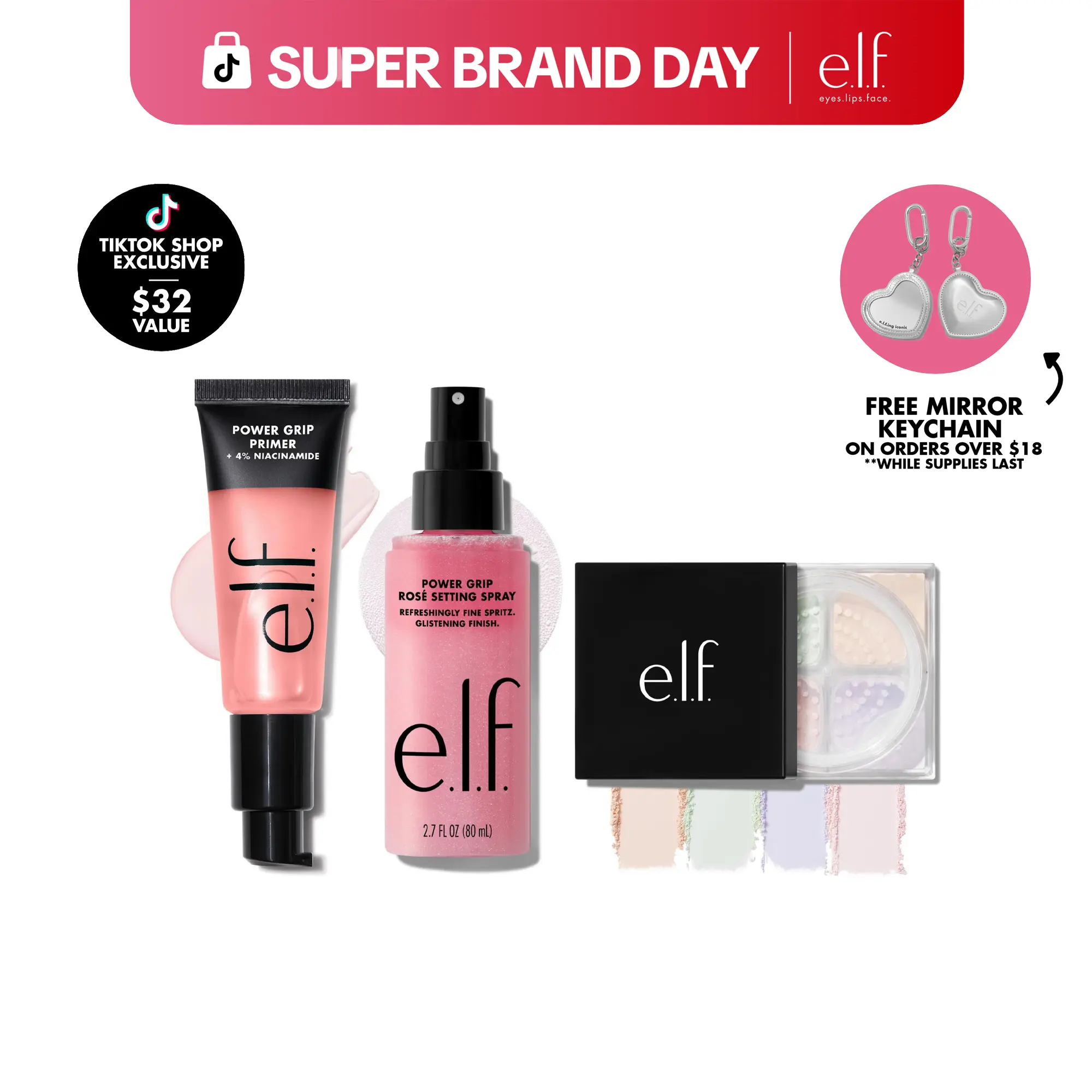 e.l.f. Prep, Set, Glow Trio - Grip Primer + Rosé Setting Spray + Brightening Powder Quad for Long-Lasting Radiance