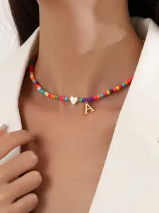 Colorblock Letter & Heart Design Beaded Choker, Beaded Necklace, Heart Style Choker, Fashion Jewelry for Party, Daily Clothing Decor, Trendy All-match & Exquisite Jewelry for Birthday Gift