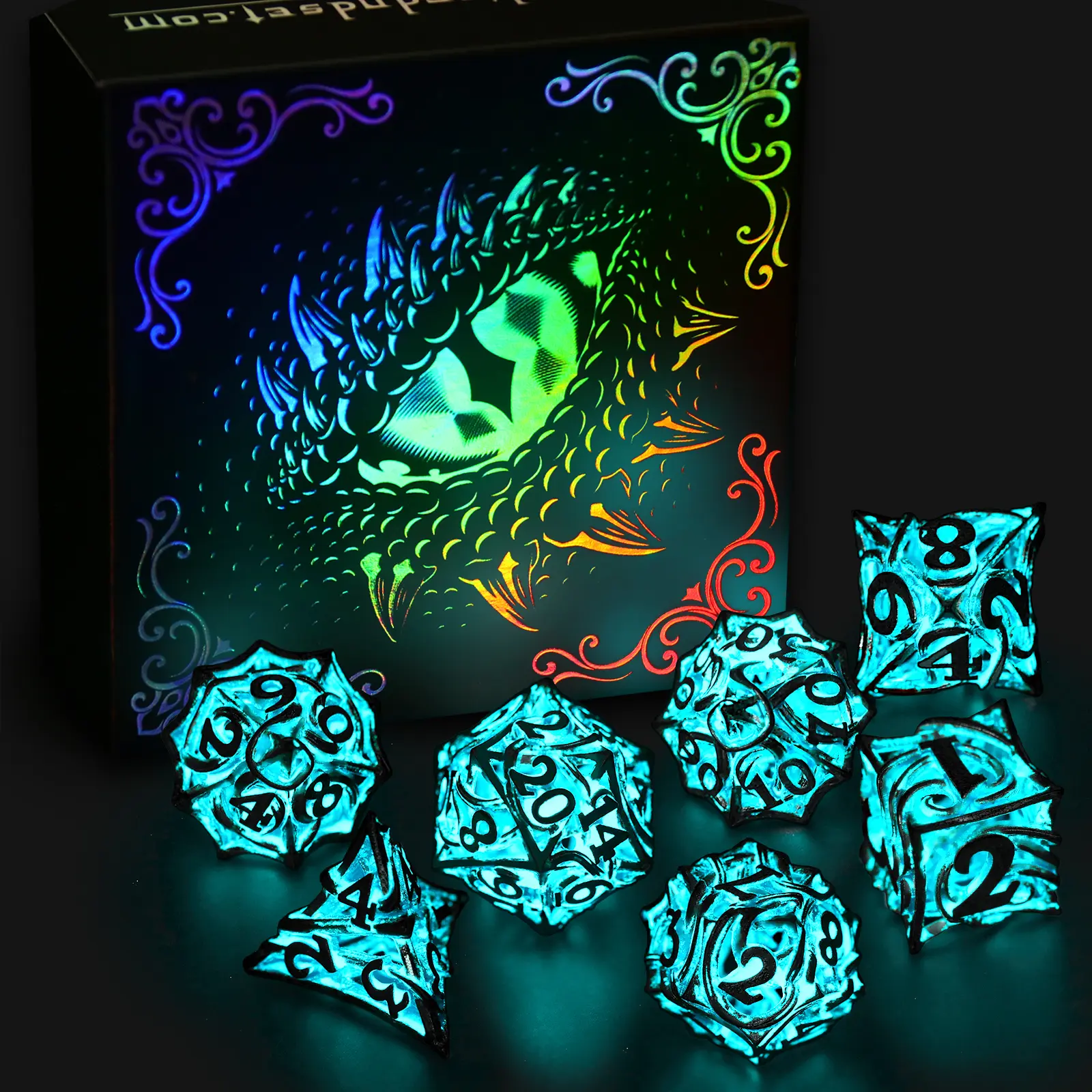 FONVGOGO Glow-in-the-Dark Hollow Vines Polyhedral Metal Dice Set - 20mm Die, Light Yet Durable, Comfortable Grip, Number Print Polyhedral & RPG Dice for Dungeons and Dragons Tabletop Games