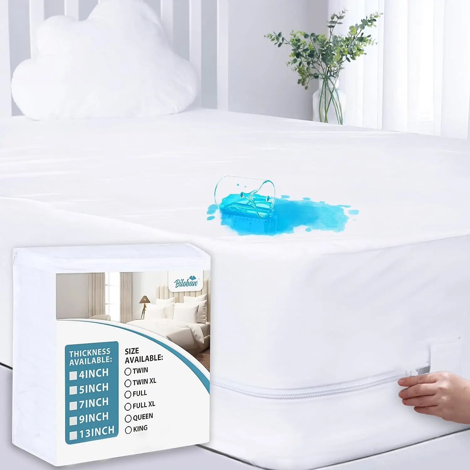 Biloban Zippered Mattress Protector Waterproof, Ultra-Soft Breathable Bed Bug Proof Mattress Encasement 6-Sided Topper Cover Fitted Sheet Deep Pocket,