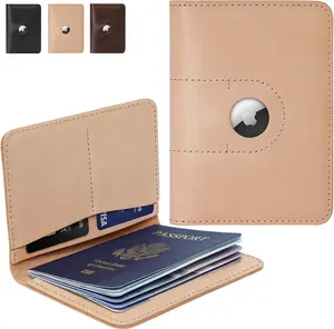 Beige Genuine Leather Passport Holder with Airtag Slot