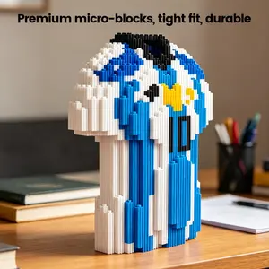 3D Soccer Jersey Building Blocks - Legend Number 10 Blue & White Stripes Mini Bricks Set(1402pcs), DIY Football Fan Desktop Decor, Champion Spirit Collectible Gift