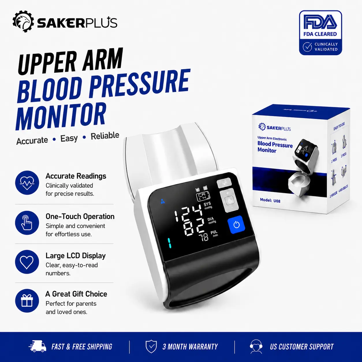 Sakerplus Portable Upper Arm Blood Pressure Monitor - Automatic, No-Wrap Auto-Fit (8.5"-15.7" Fit), Large Display for Home Healthcare Use