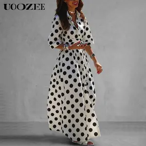 UOOZEE Women's Vintage Oversized Polka Dot Style Shirt Maxi Dress - Lightweight Lady's A-Line Button-Down, High Waist, 3/4 Sleeves, Breathable Fabric, Flattering Fits for Beach Wear