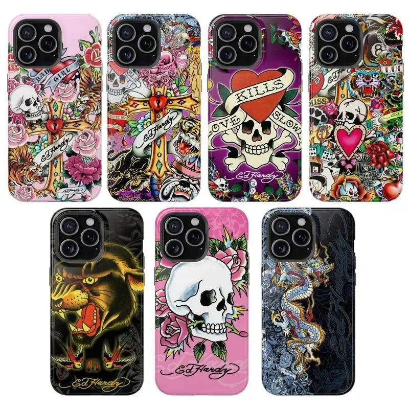 Ed Hardy Animal Print Skull-Leopard-Tiger Tattoo Collage Cellphone Cover - Pink Y2000 Aesthetic Casing for iPhone, Protective Smartphone Accessories