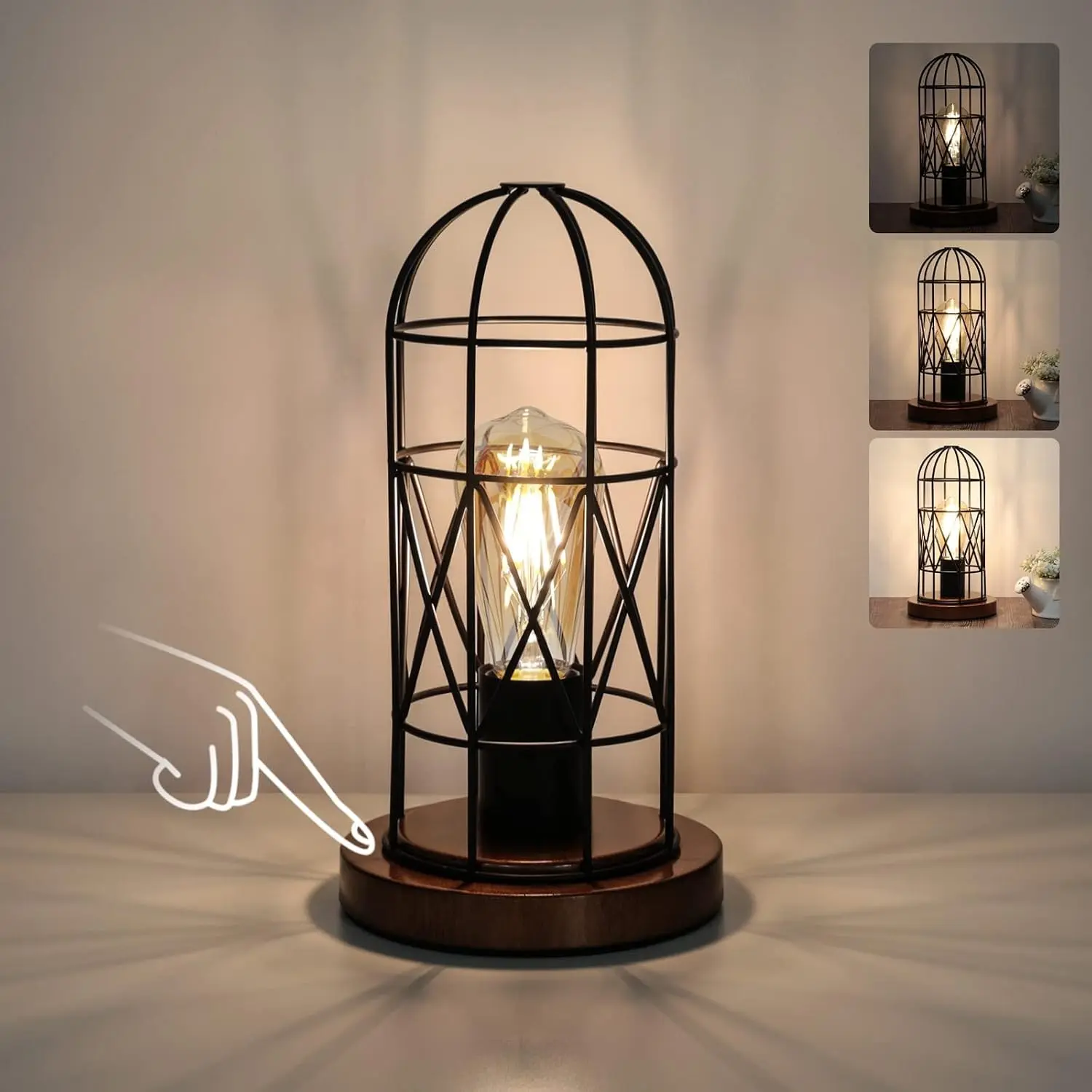 Touch Control Table Lamp, Industrial Bedside Lamp with 3 Way Dimmable, Small Nightstand Vintage Metal Cage Desk Lamps, Steampunk Table Lamps for Bedroom, Living Room, Kitchen (Bulb Included)