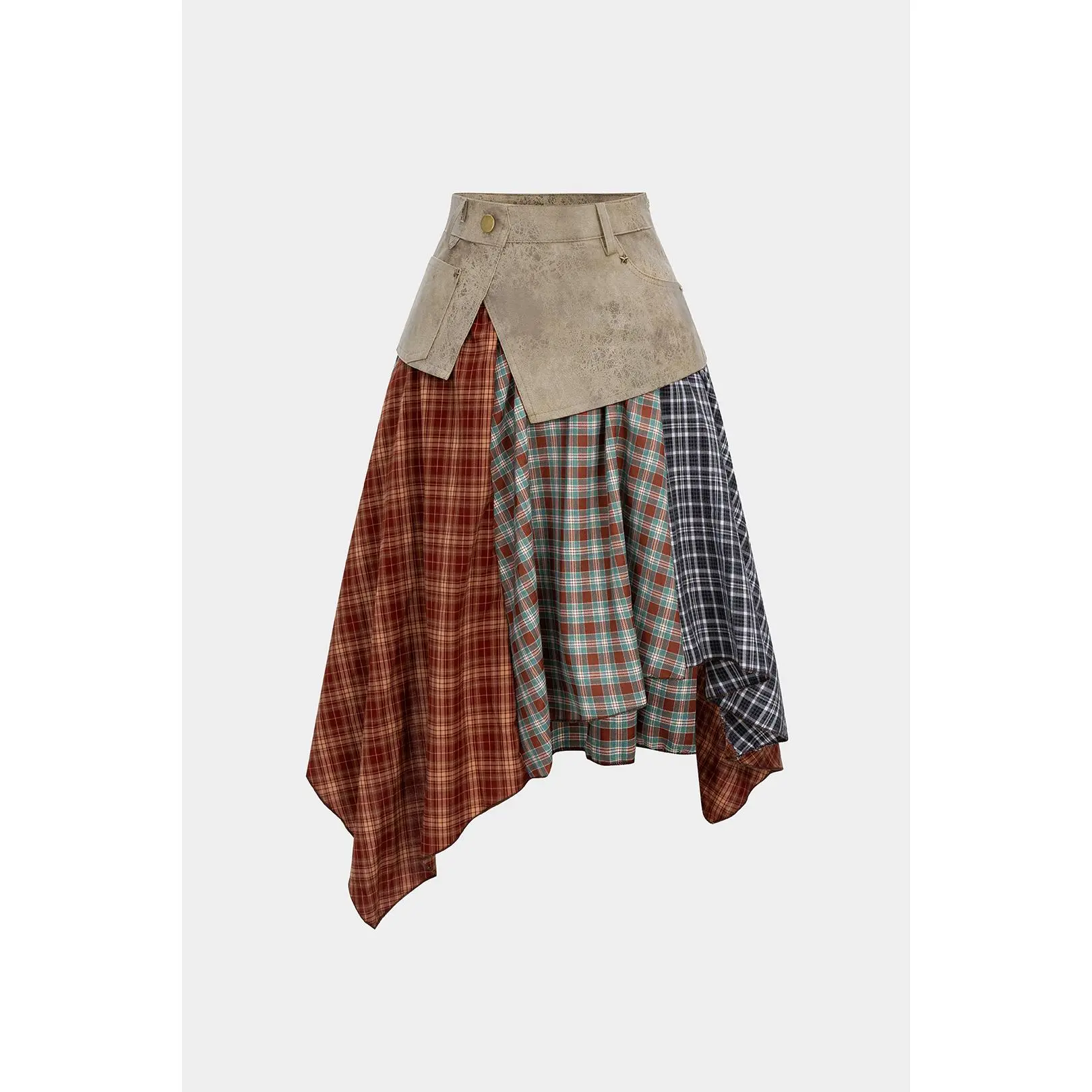 Plaid Contrast Print Faux Leather Patchwork Irregular Hem Skirt