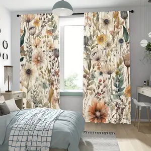 2 pieces, Easy install curtain, Bohemian retro art printed curtains, wild plant flower design, pole pocket hanging, window treatment, polyester fiber, semi blackout enhanced privacy, suitable for bedroom, living room, kitchen, office home decoration