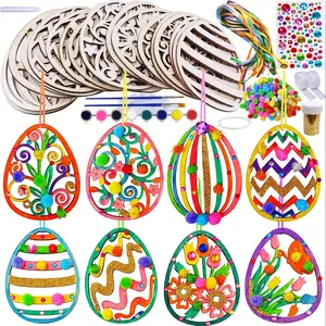 DIY Easter Egg Craft Kit, 24-Piece Wooden Easter Eggs Set, Includes Unfinished Wood Eggs, Flowers & Zigzag Patterns, Suitable for Kids & Adults, DIY Ornament, Hanging Decoration