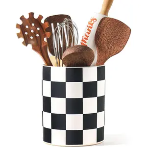 7.2" Black Checkered Ceramic Utensil Crock for Countertop Kitchen Decor and Accessories