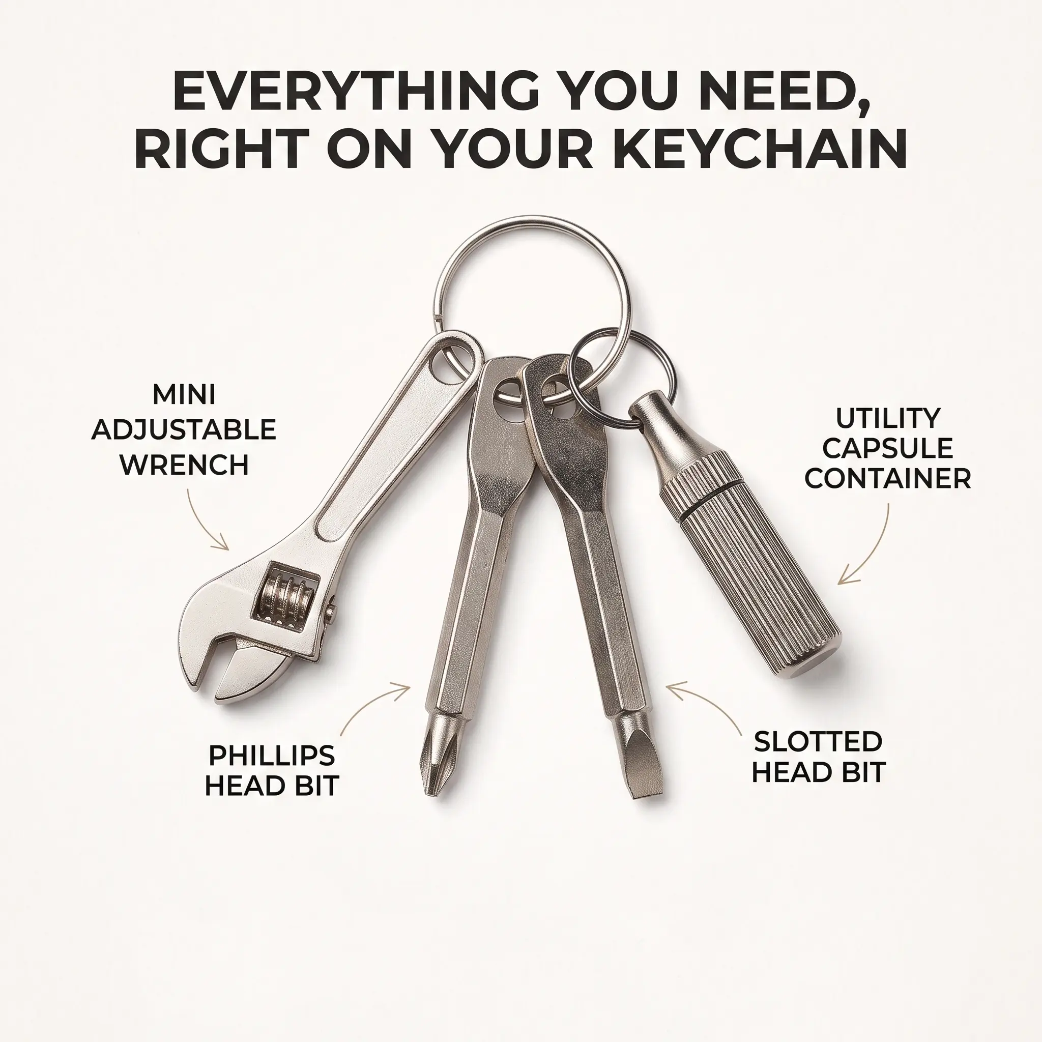 4-in-1 Pocket Multi Tool EDC Keychain, Mini Adjustable Wrench Utility Capsule Knife & Screwdriver Set, Cool Gifts for Men, Outdoor Camping, Bicycle & Motorcycle Repair Emergency Gear