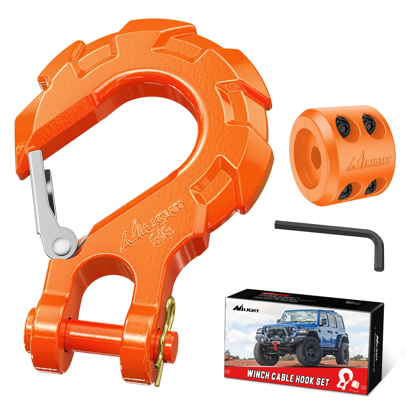 Nilight Powder Coated Forged Steel Winch Component Set - 3/8" Grade 70 Spring Latch, Winch Strap Hook, Cable Stopper, Clevis Slip Piece, Quick-Install Adjustable Rope Connect Couplers, 35000 lbs Max Load, Tow Recovery Allen Wrench, Rubber Accessory, Hook
