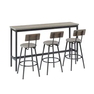Long Bar Table Set with 3 PU Upholstered Bar Stools, Industrial Bar Table and Chairs for Kitchen Breakfast Table, Living Room, Party Room, Small Space, Pub, Banquet Hall, Rustic Gray and Black, 63″L x15.7"W x 37.5"H