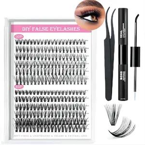DIY Lash Extension Kit 240pcs 30D 40D Lash Clusters Individual Lashes Cluster 8-16mm Mixed Length D Curl Eyelash Extension Kit With Lash Bond & Seal & Lash Applicator Tool for Self Application At Home.